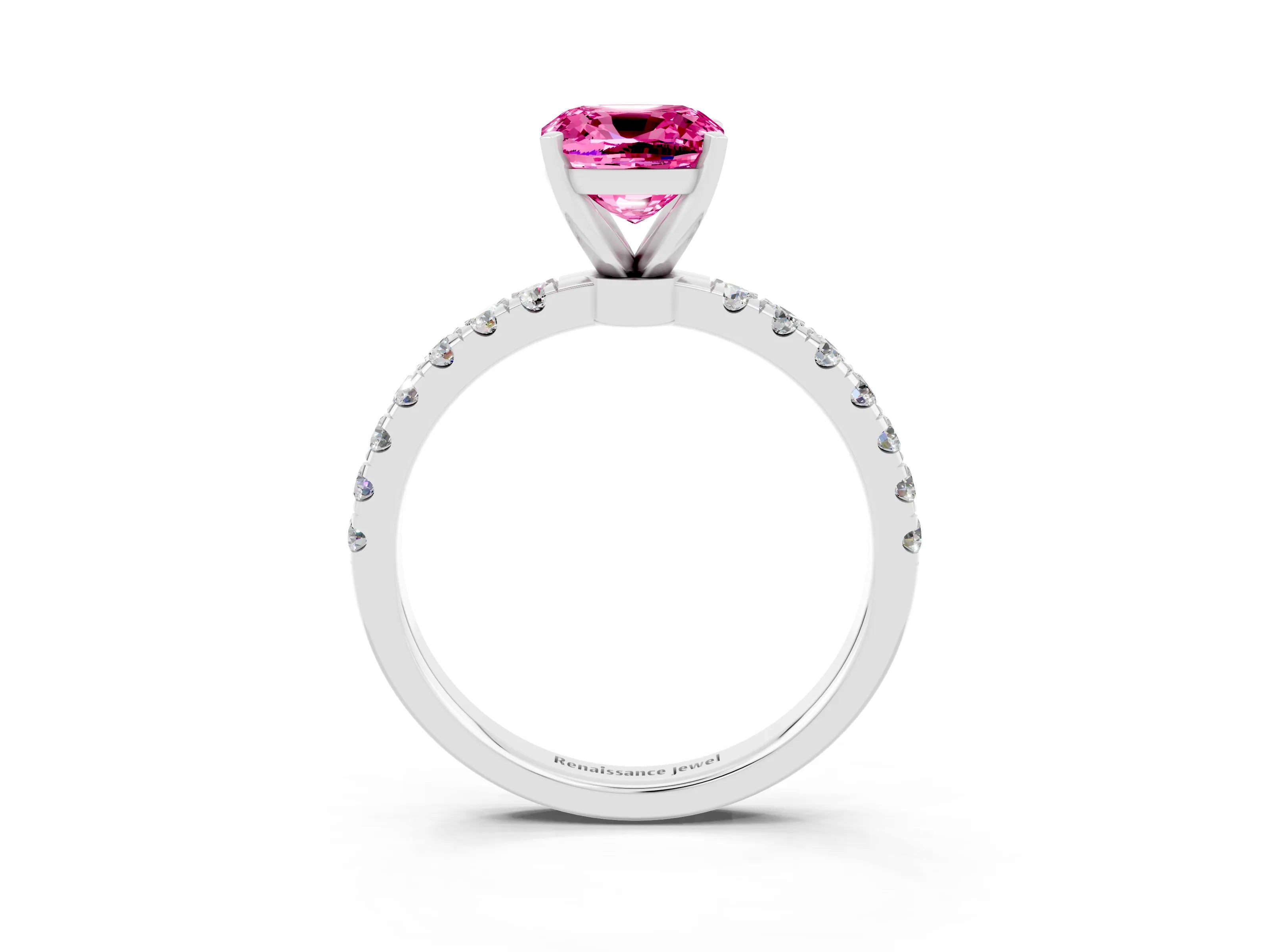 White gold Cushion Cut Pink Sapphire Solitaire Ring with Pavé Accents and Four-Prong Setting_27
