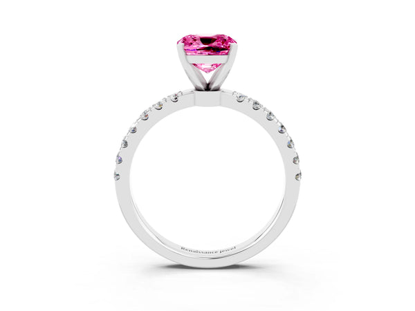 Platinum Cushion Cut Pink Sapphire Solitaire Ring with Pavé Accents and Four-Prong Setting