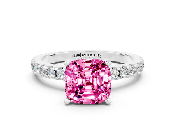 Silver Cushion Cut Pink Sapphire Solitaire Ring with Round  Pavé Band and Four-Prong Setting
