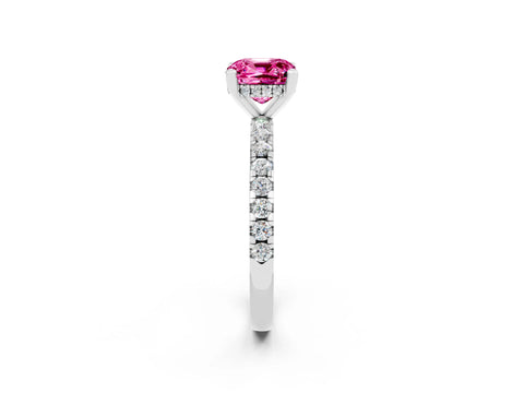 White gold Cushion Cut Pink Sapphire Solitaire Ring with Pavé Band and Four-Prong Setting_14