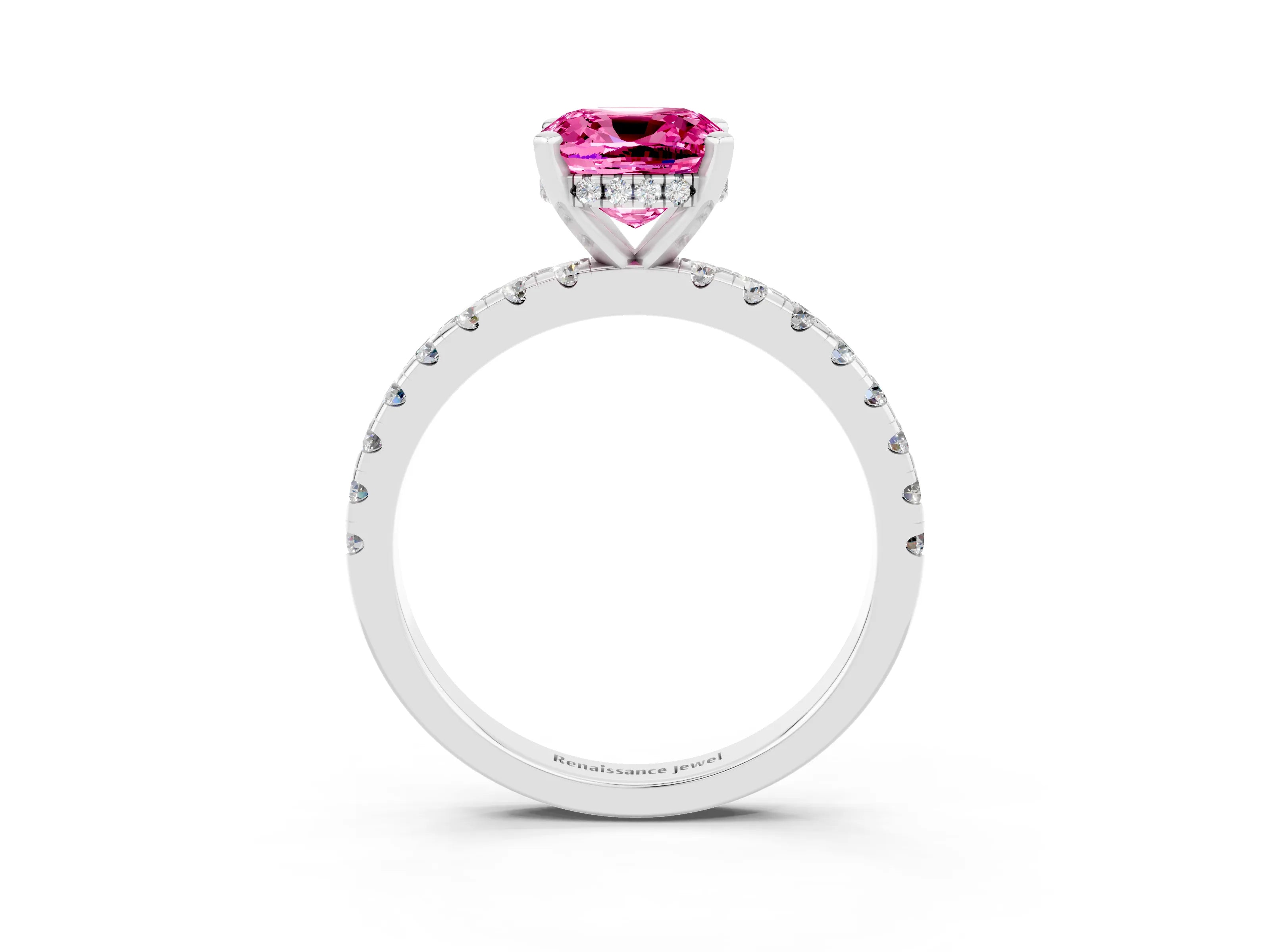 White gold Cushion Cut Pink Sapphire Solitaire Ring with Pavé Band and Four-Prong Setting_15