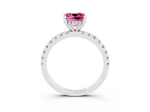 White gold Cushion Cut Pink Sapphire Solitaire Ring with Pavé Band and Four-Prong Setting_15