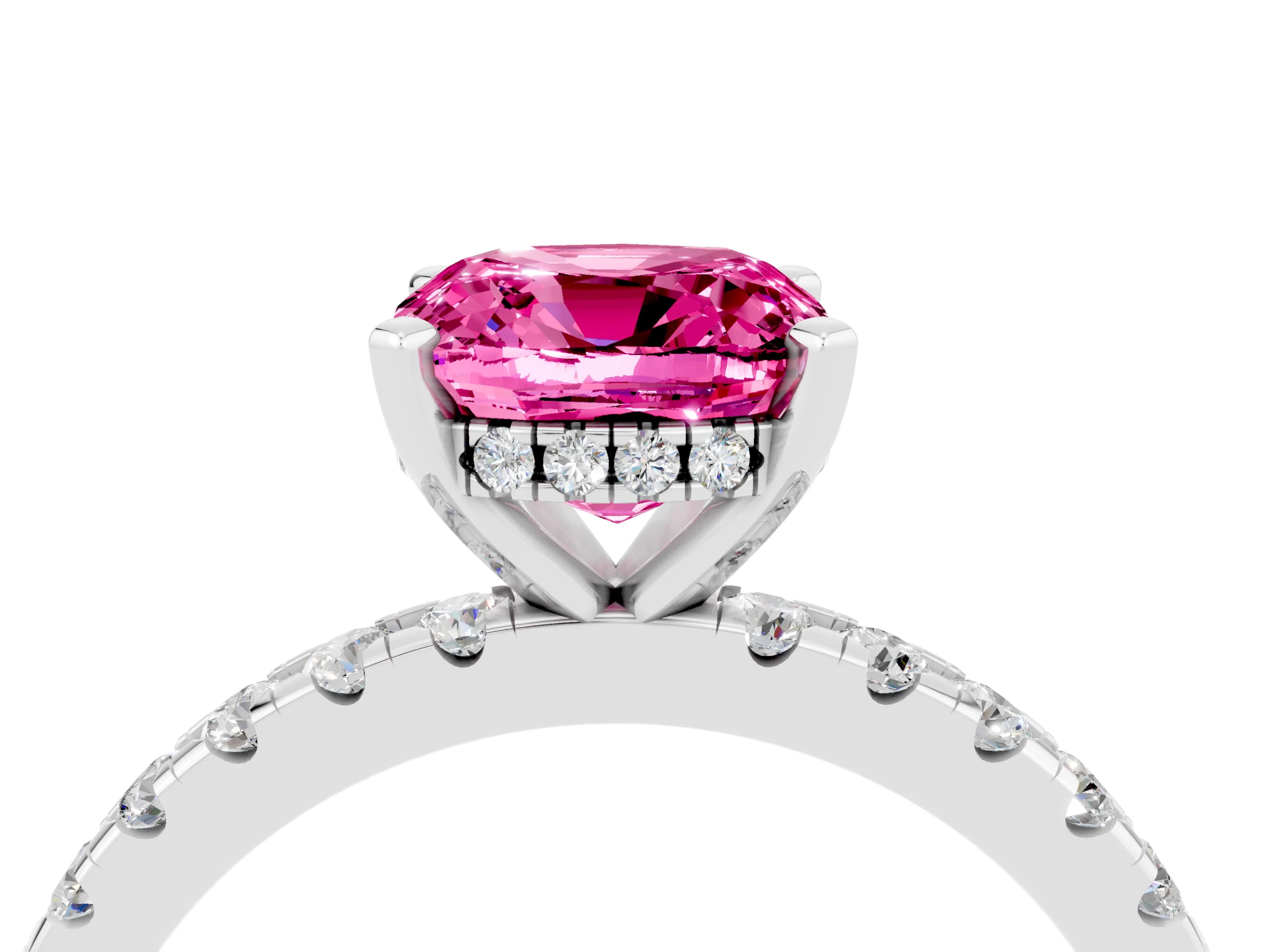 White gold Cushion Cut Pink Sapphire Solitaire Ring with Pavé Band and Four-Prong Setting_16