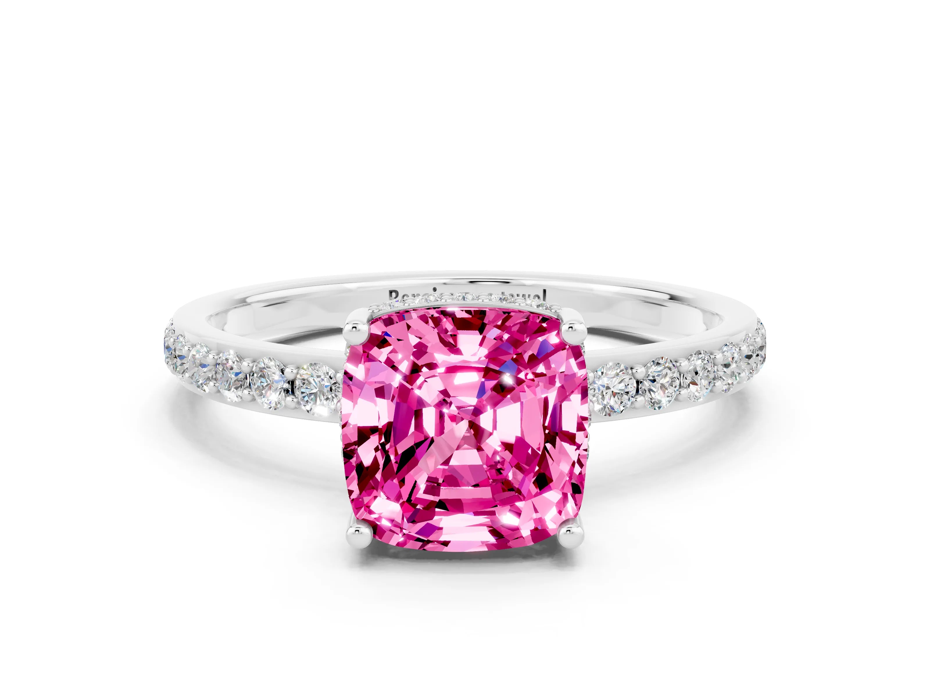 White gold Cushion Cut Pink Sapphire Solitaire Ring with Pavé Band and Hidden Halo