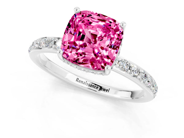 Platinum Cushion Cut Pink Sapphire Solitaire Ring with Pavé Band and Hidden Halo