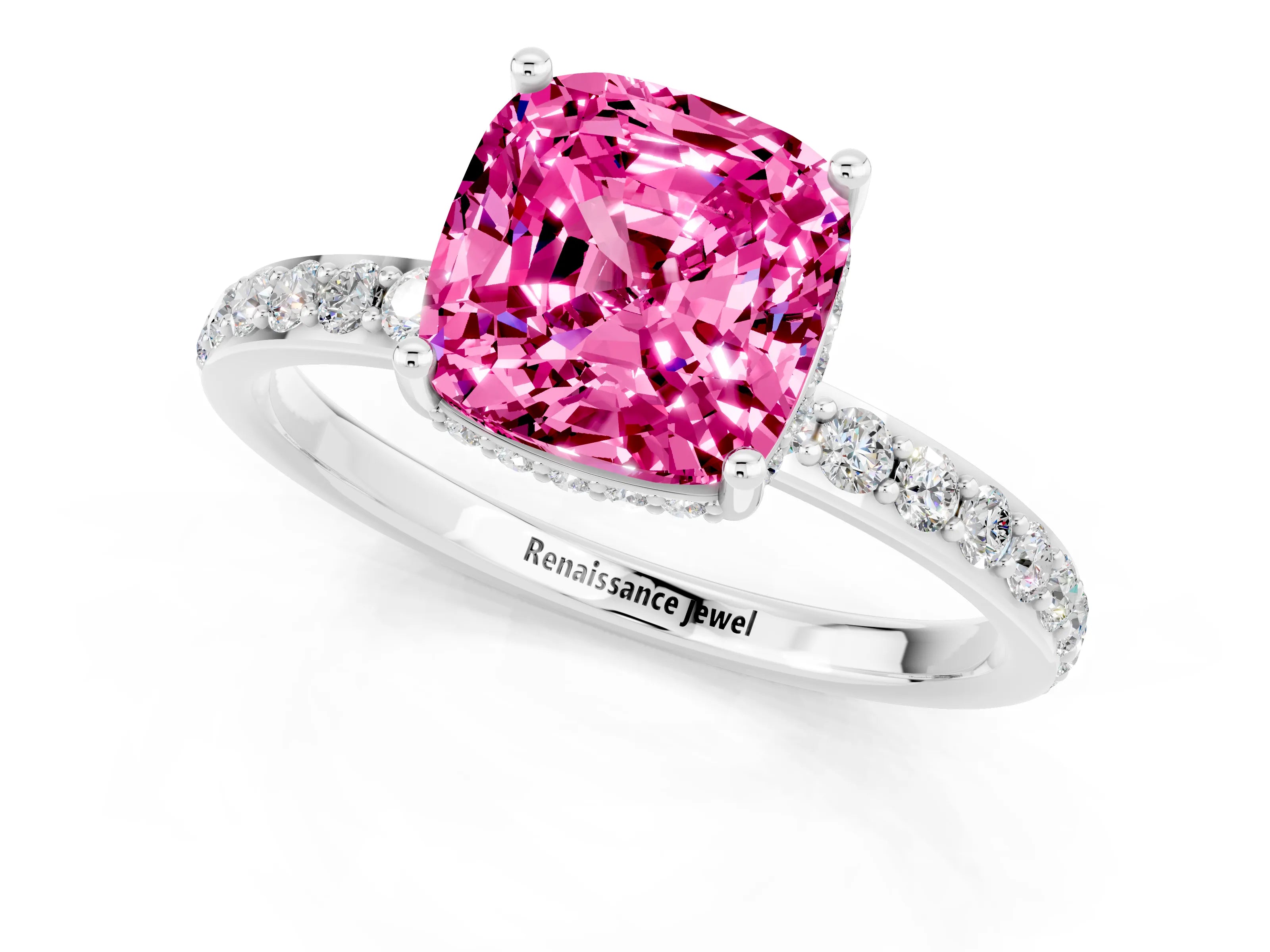 White gold Cushion Cut Pink Sapphire Solitaire Ring with Pavé Band and Hidden Halo_1