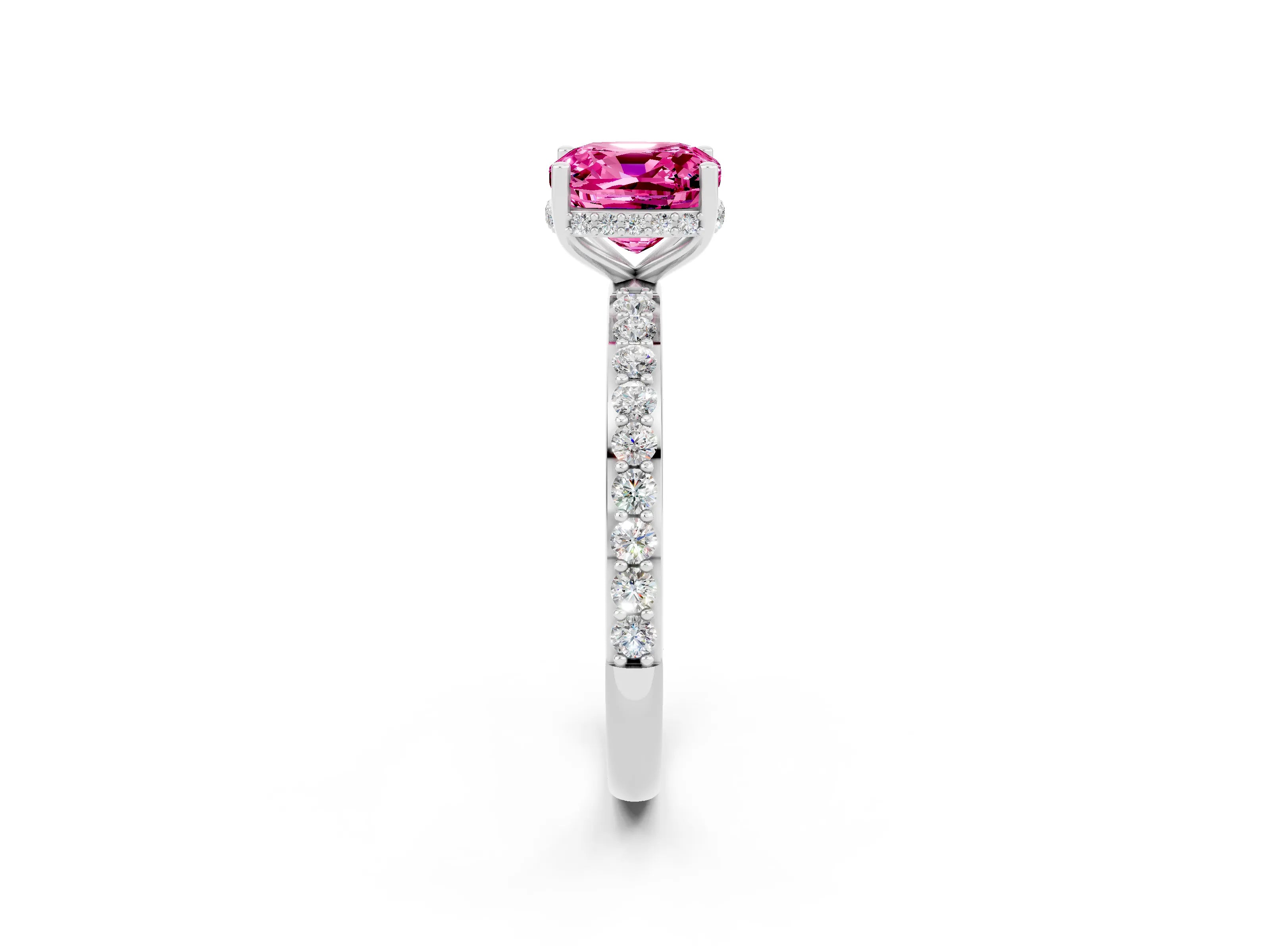 White gold Cushion Cut Pink Sapphire Solitaire Ring with Pavé Band and Hidden Halo_2