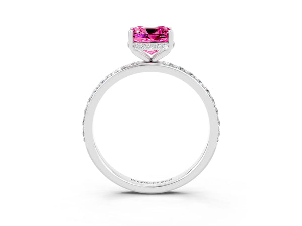 White gold Cushion Cut Pink Sapphire Solitaire Ring with Pavé Band and Hidden Halo