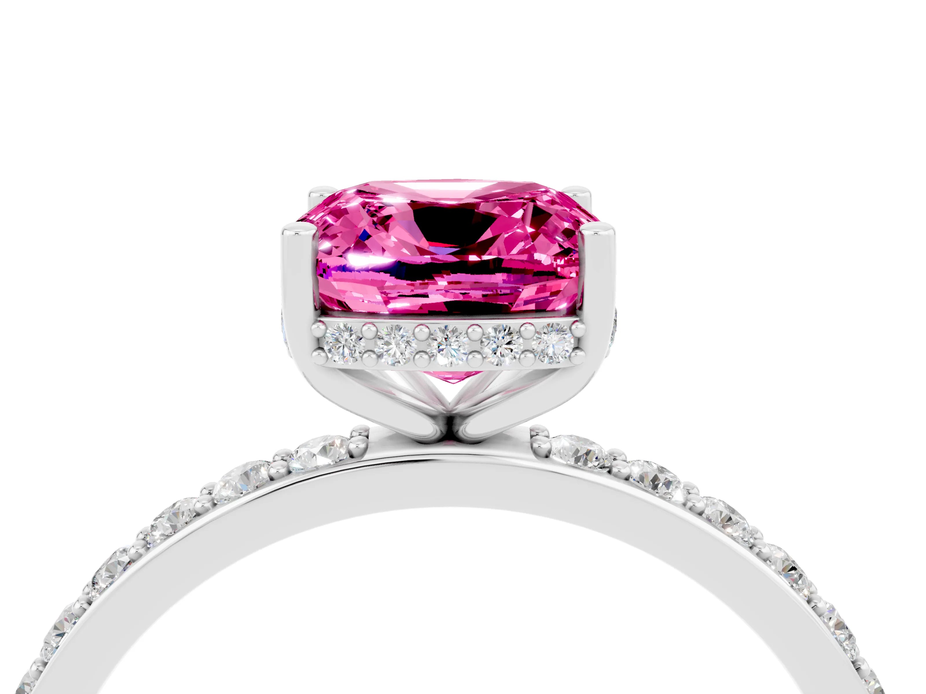 White gold Cushion Cut Pink Sapphire Solitaire Ring with Pavé Band and Hidden Halo_28