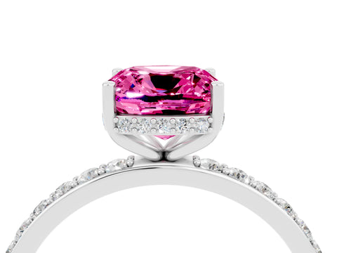 White gold Cushion Cut Pink Sapphire Solitaire Ring with Pavé Band and Hidden Halo_28