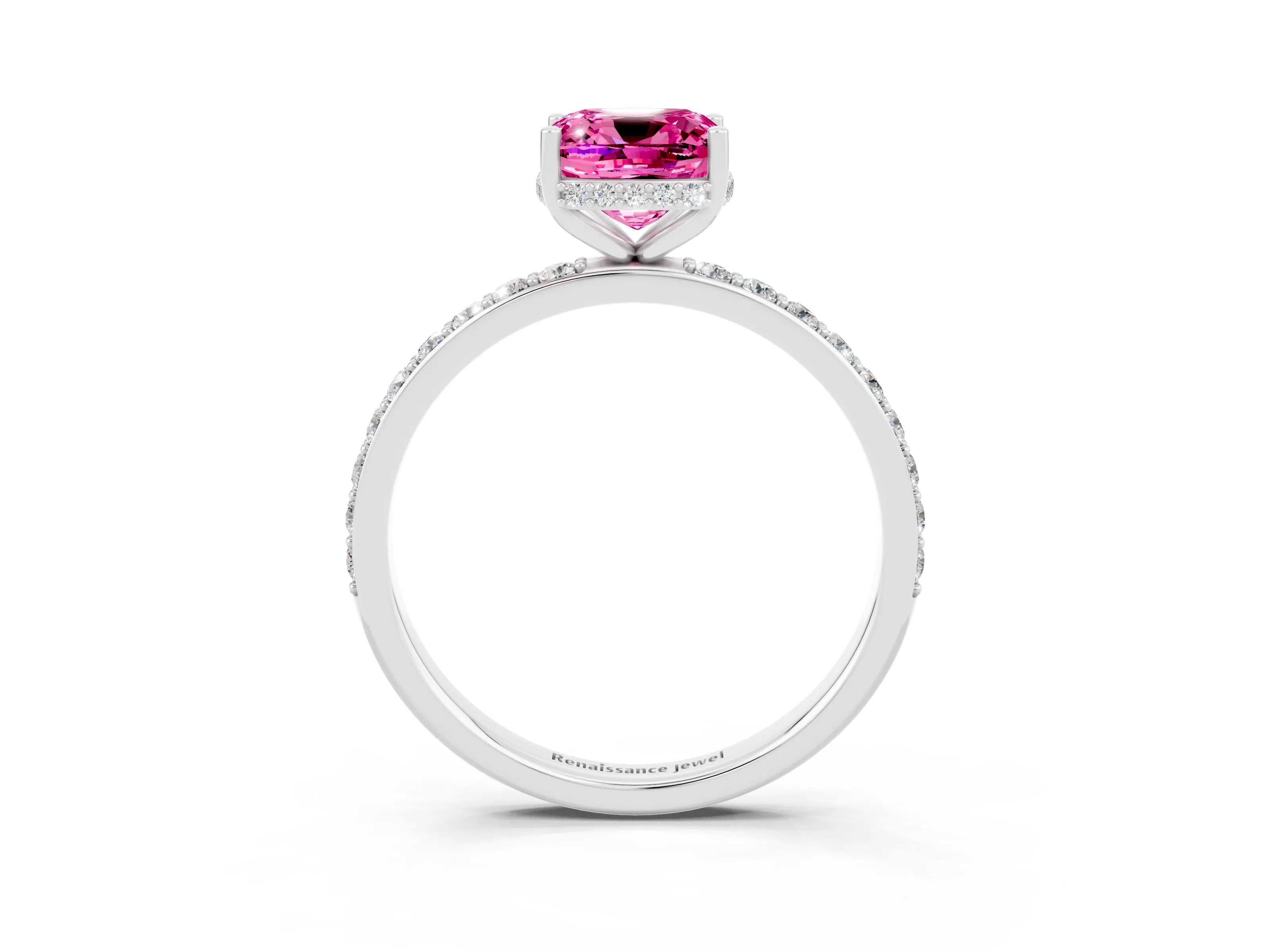 White gold Cushion Cut Pink Sapphire Solitaire Ring with Pavé Band and Hidden Halo_3