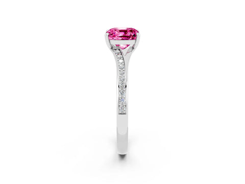 White gold Cushion Cut Pink Sapphire Solitaire Ring with Pavé Band and Prong Setting_14