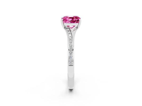 White gold Cushion Cut Pink Sapphire Solitaire Ring with Pavé Band and Prong Setting
