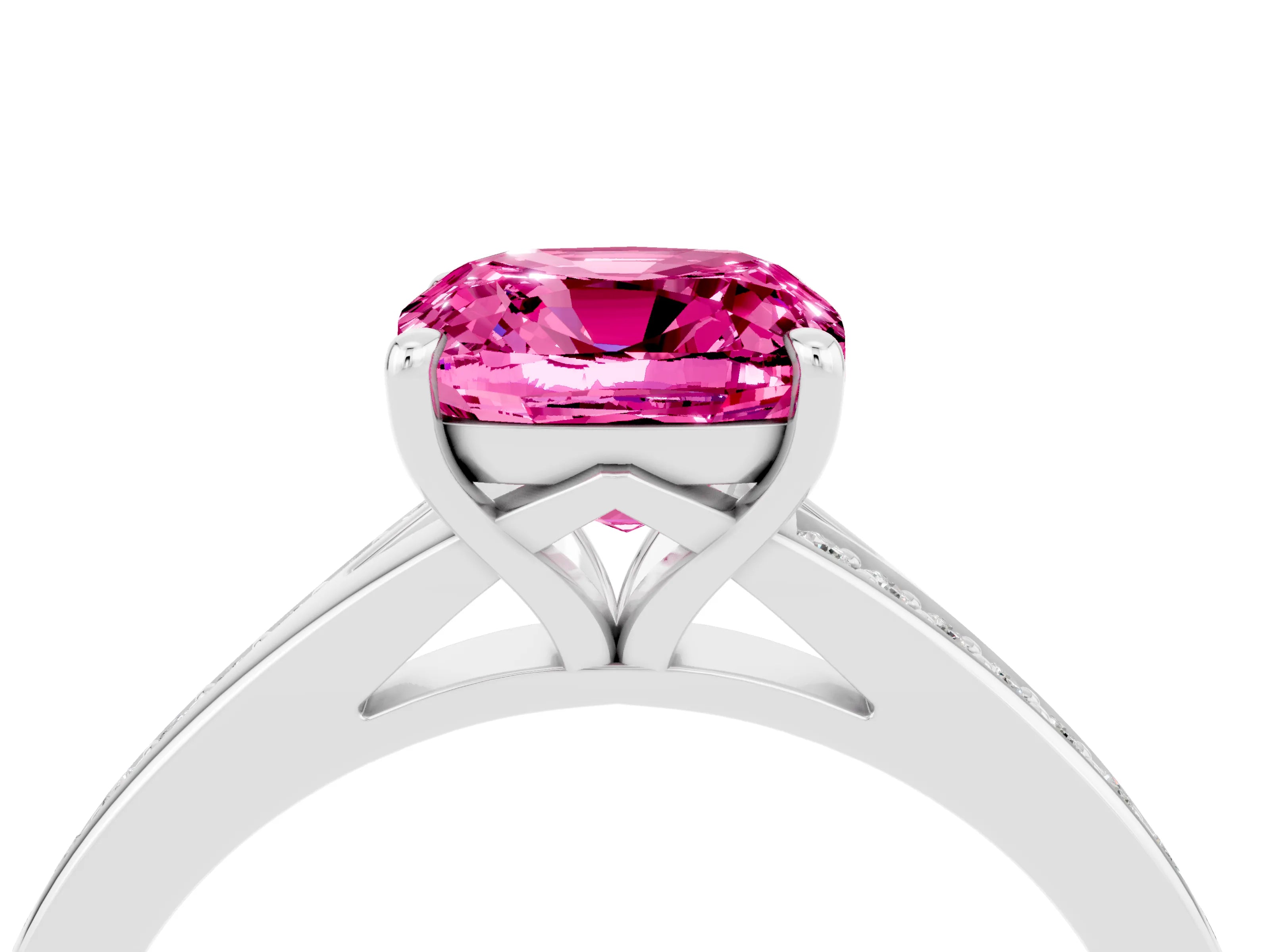 White gold Cushion Cut Pink Sapphire Solitaire Ring with Pavé Band and Prong Setting_4