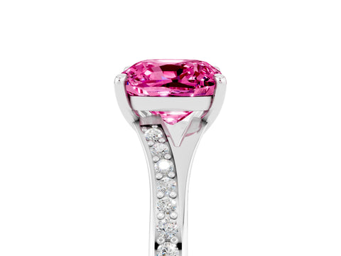 White gold Cushion Cut Pink Sapphire Solitaire Ring with Pavé Band and Prong Setting_5