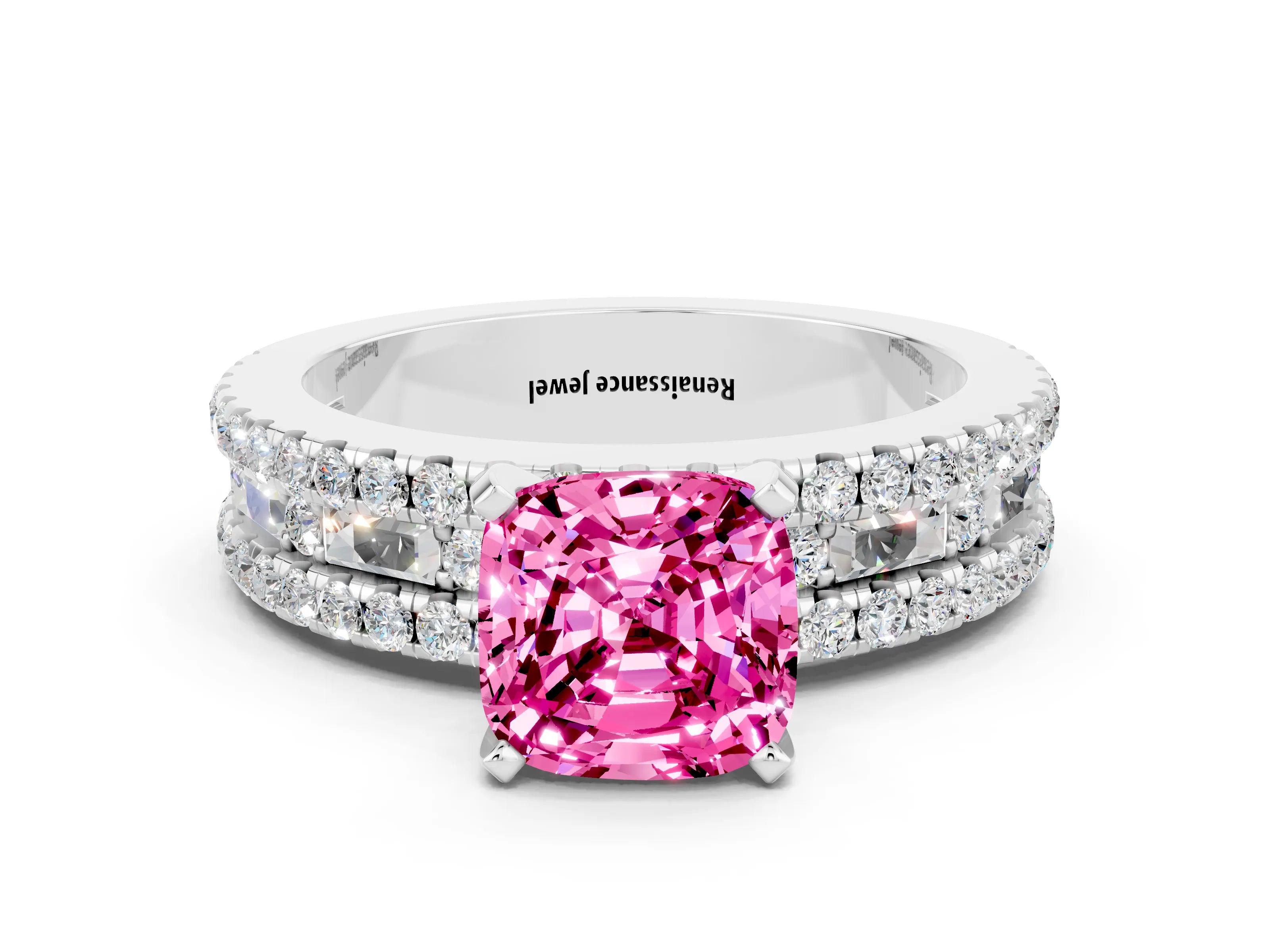 White gold Cushion Cut Pink Sapphire Solitaire Ring with Pavé and Channel Set Band_24