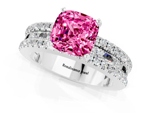 White gold Cushion Cut Pink Sapphire Solitaire Ring with Pavé and Channel Set Band_25