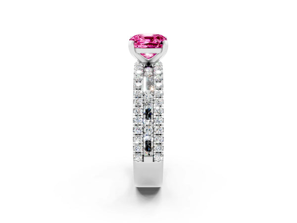 Platinum Cushion Cut Pink Sapphire Solitaire Ring with Pavé and Channel Set Band