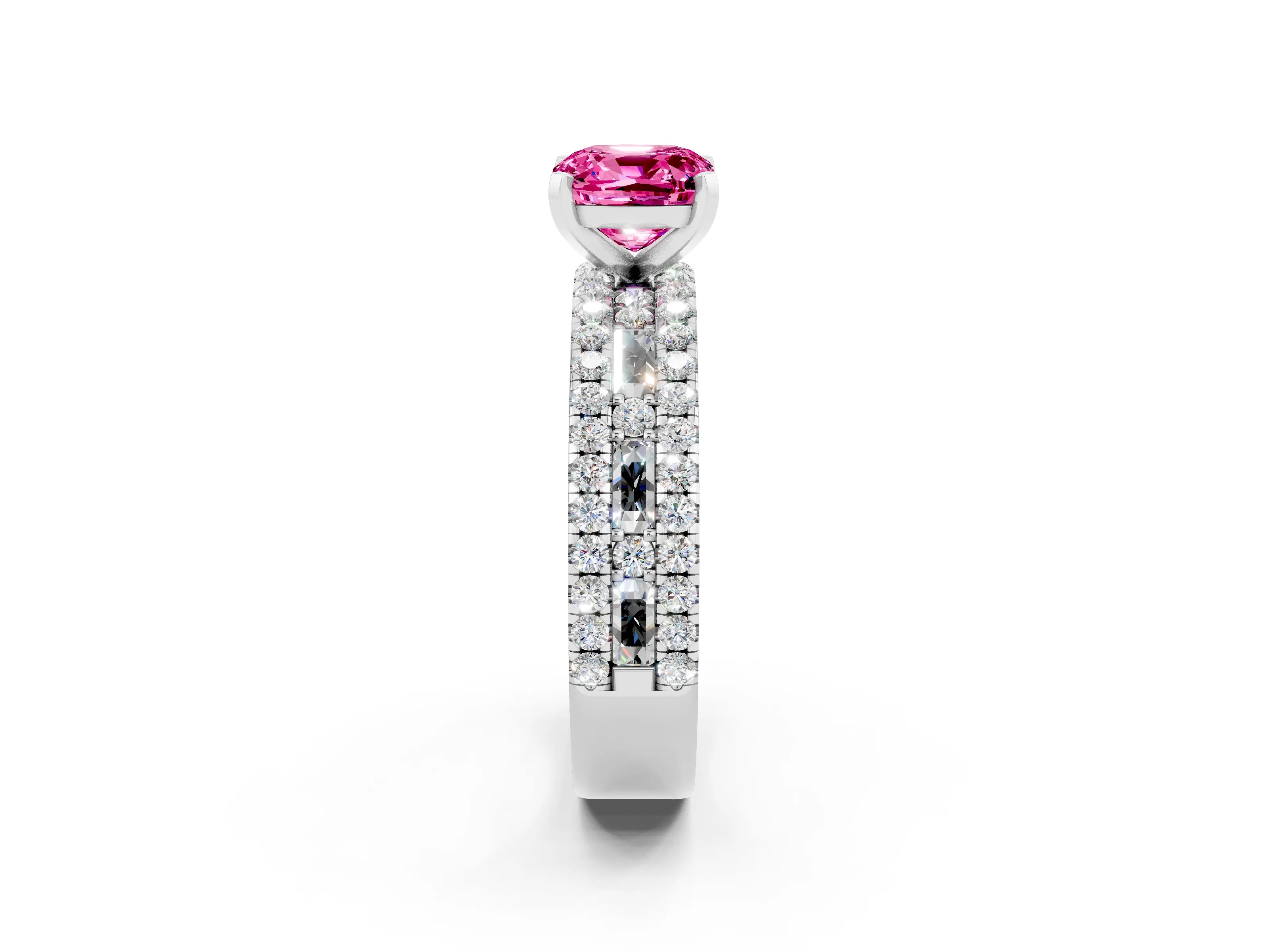 White gold Cushion Cut Pink Sapphire Solitaire Ring with Pavé and Channel Set Band_26