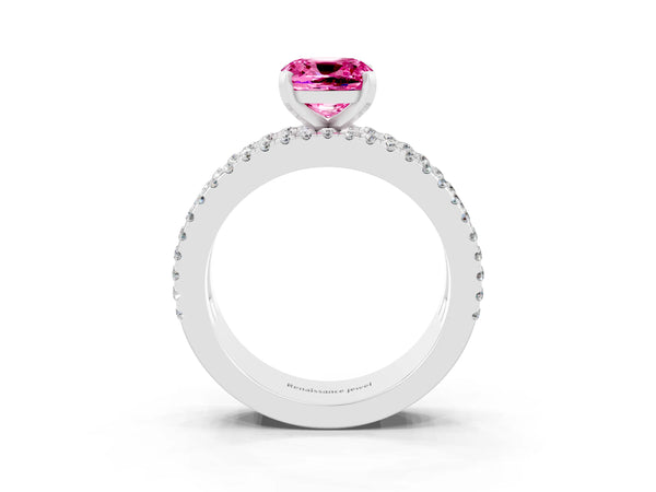 Silver Cushion Cut Pink Sapphire Solitaire Ring with Pavé and Channel Set Band