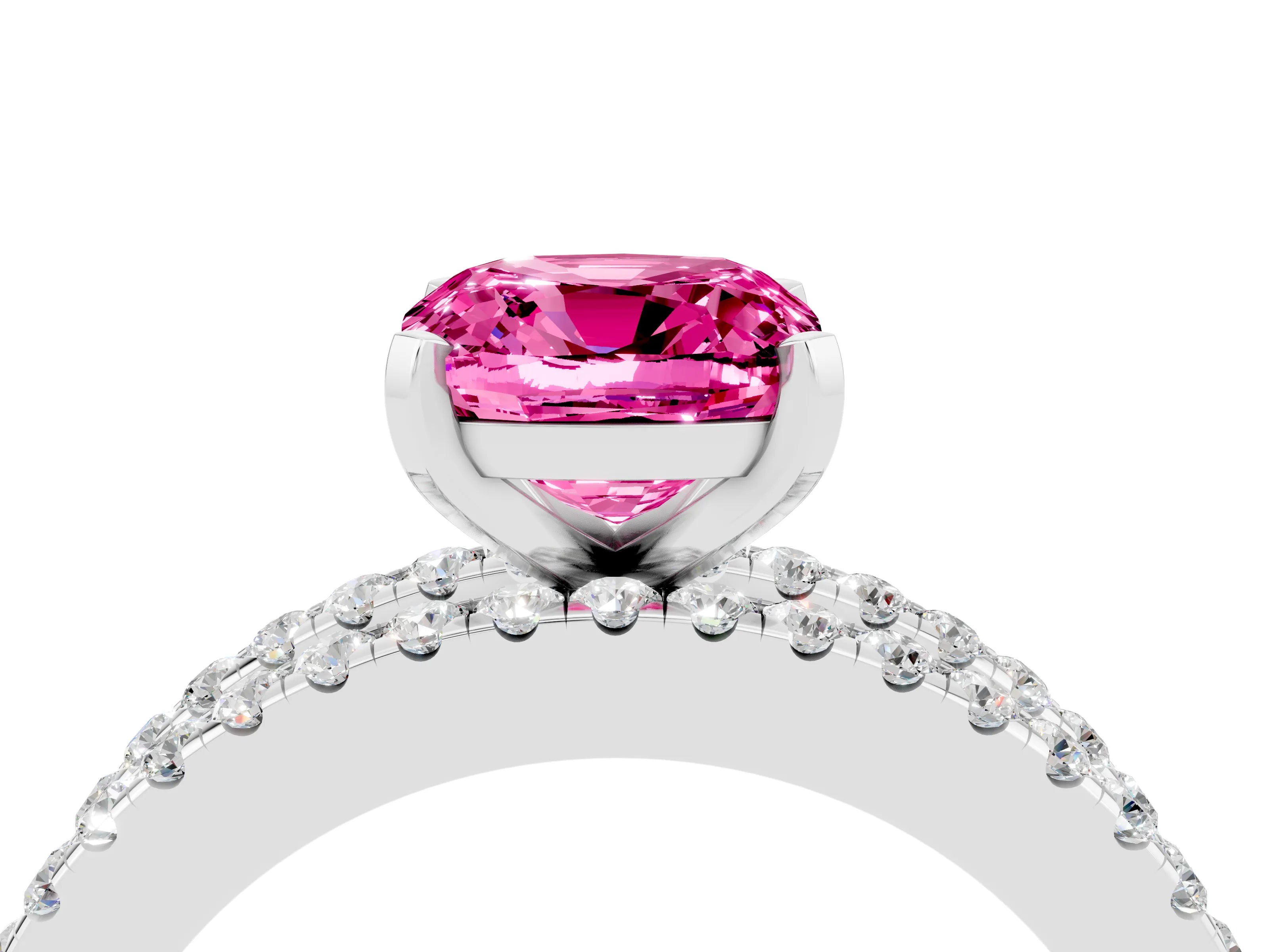 White gold Cushion Cut Pink Sapphire Solitaire Ring with Pavé and Channel Set Band_28