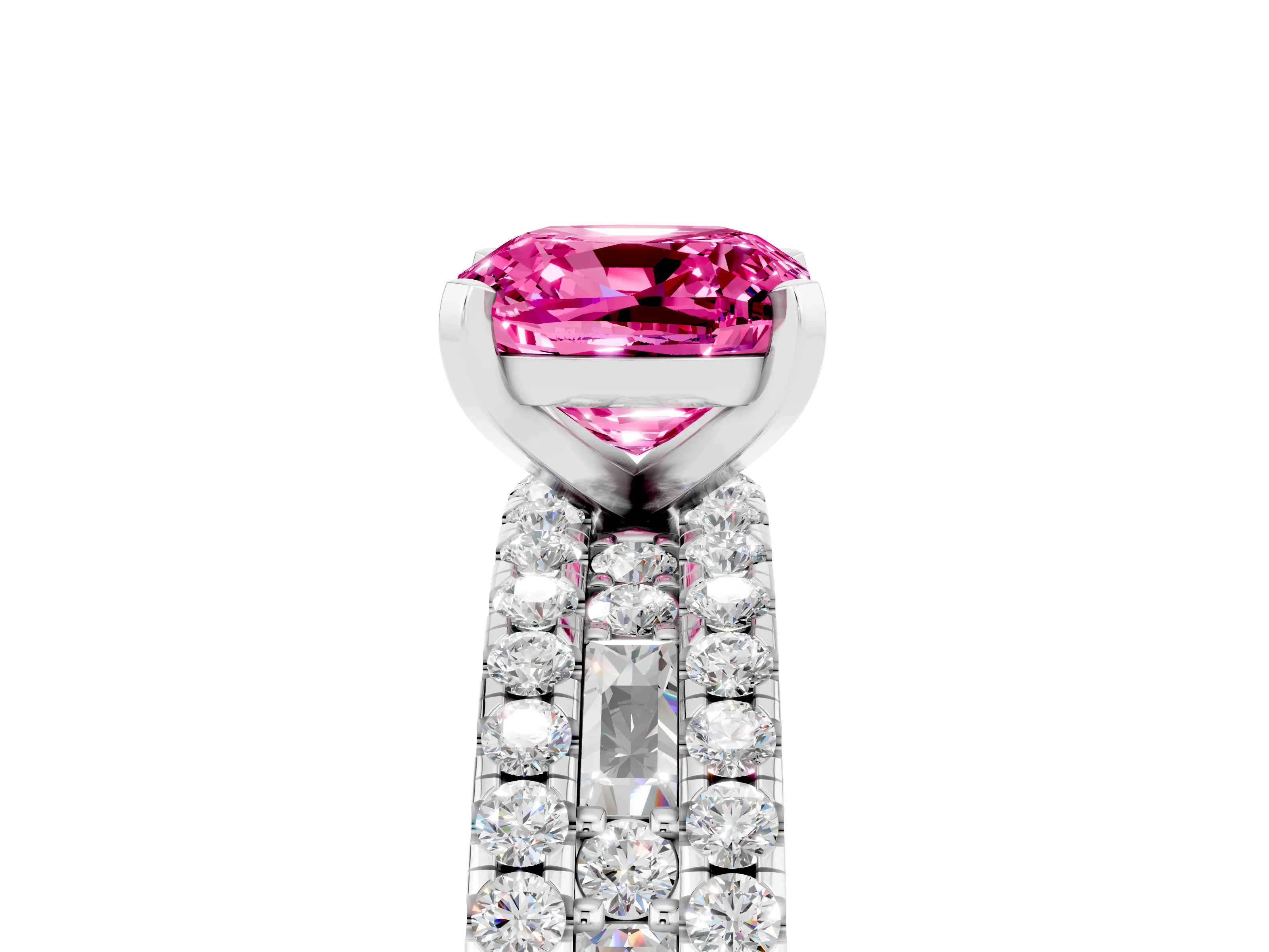 White gold Cushion Cut Pink Sapphire Solitaire Ring with Pavé and Channel Set Band_29