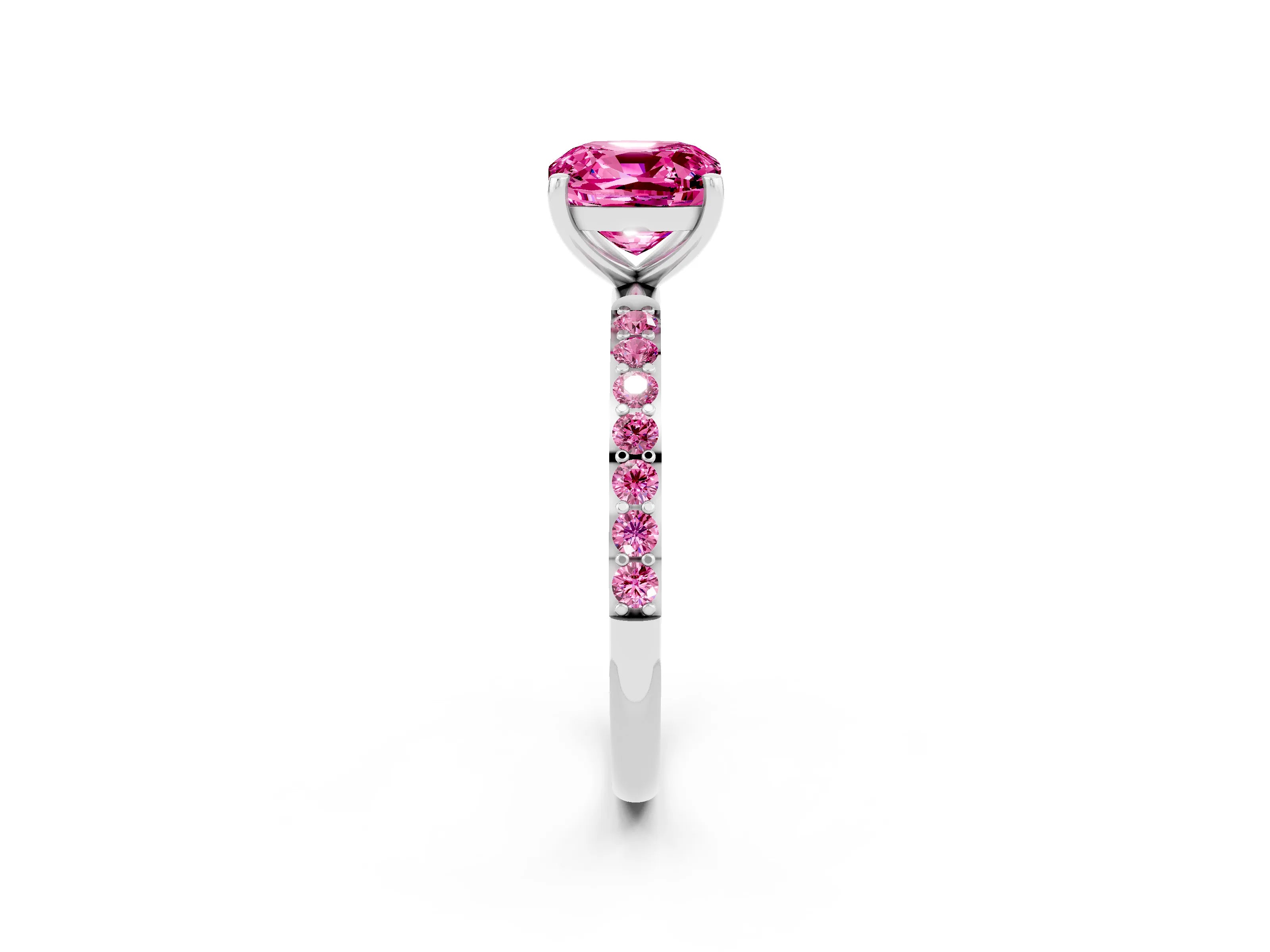 White gold Cushion Cut Pink Sapphire Solitaire Ring with Pave Band and Four Prong Setting_14
