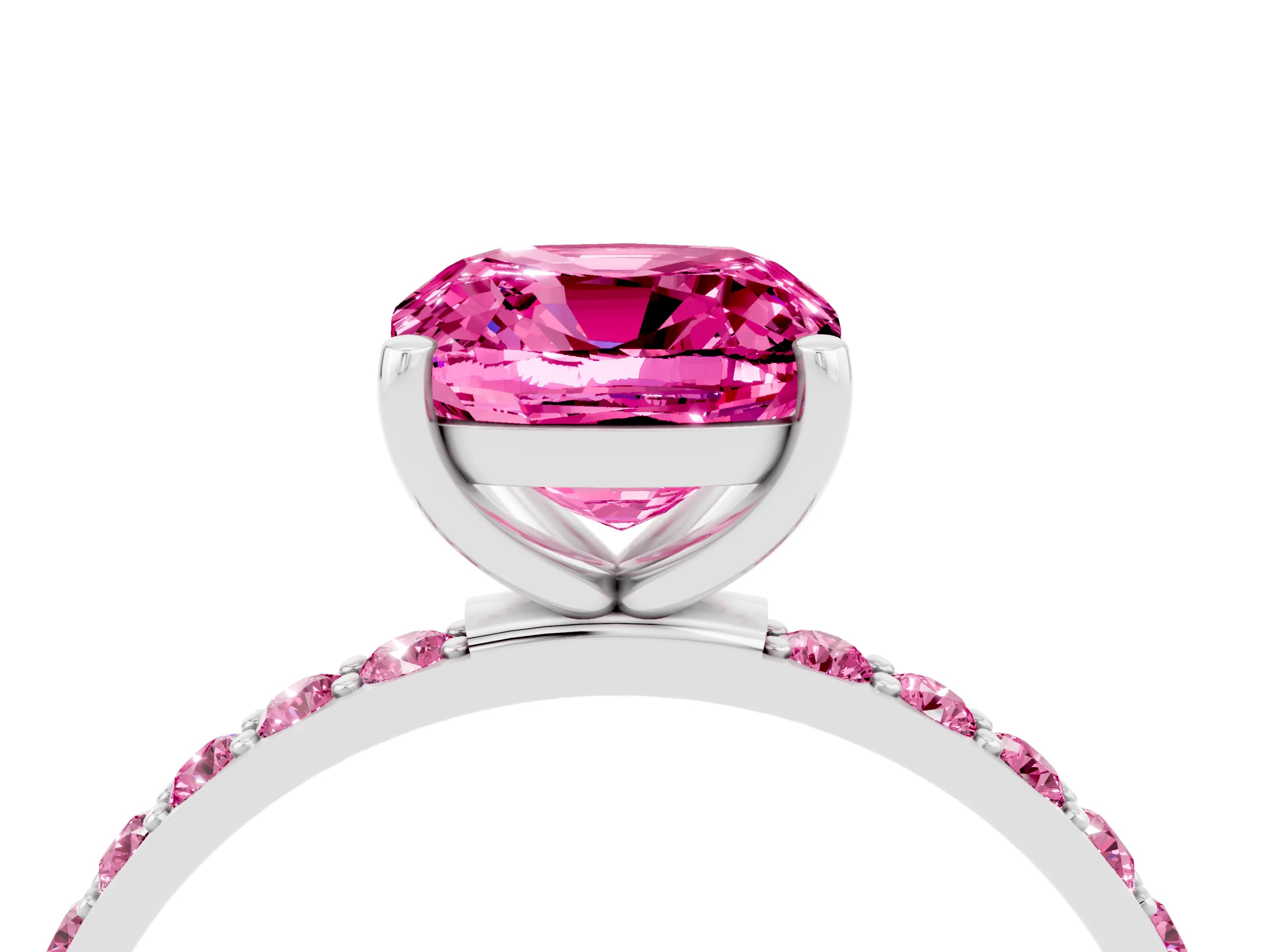 White gold Cushion Cut Pink Sapphire Solitaire Ring with Pave Band and Four Prong Setting_16
