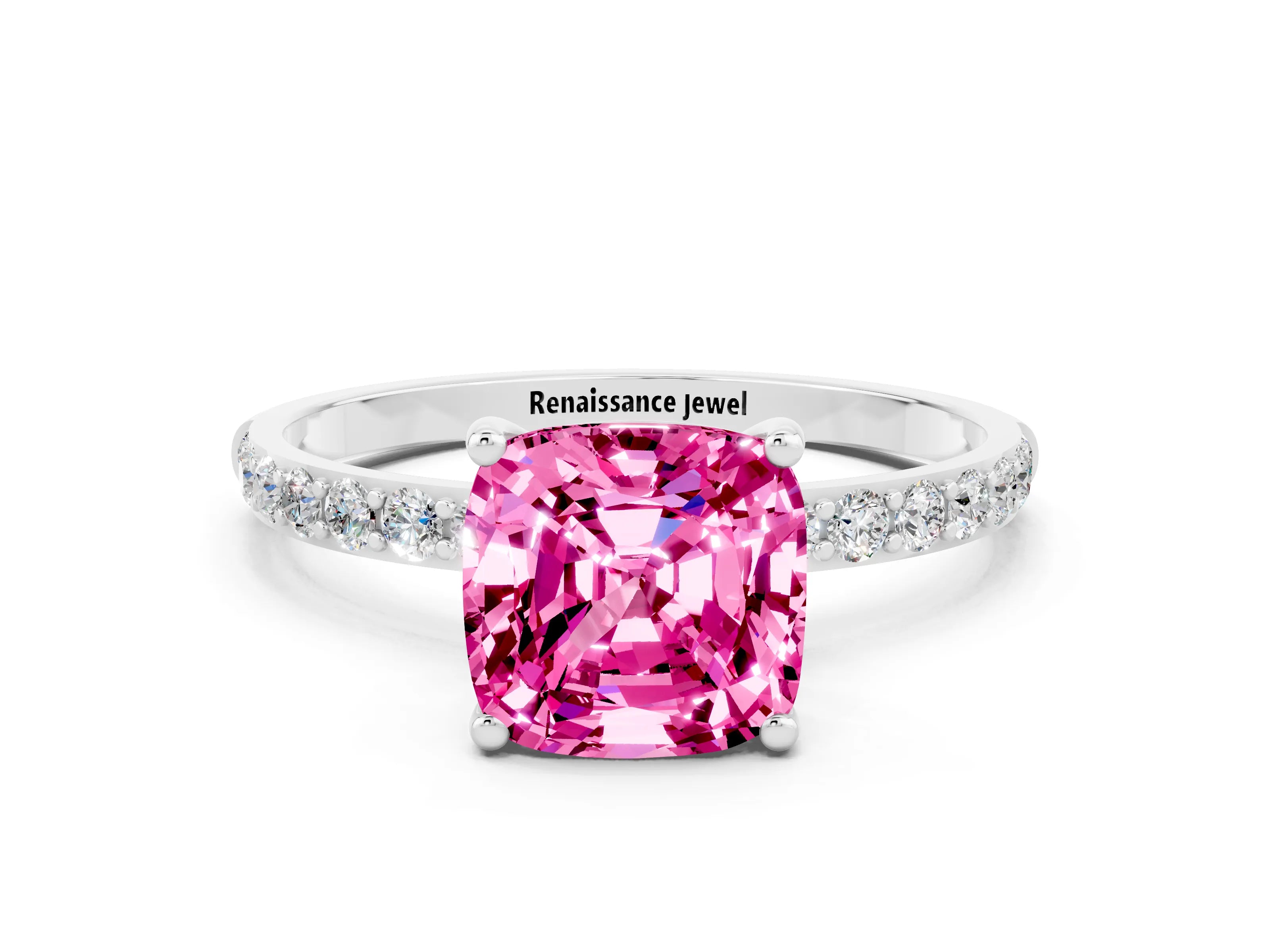 White gold Cushion Cut Pink Sapphire Solitaire Ring with Pave Band and Four Prong Setting_48