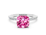 White gold Cushion Cut Pink Sapphire Solitaire Ring with Pave Band and Four Prong Setting_48