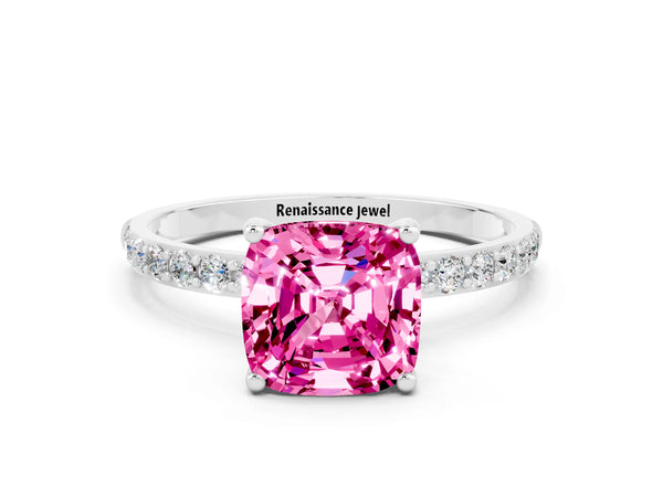 Silver Cushion Cut Pink Sapphire Solitaire Ring with Round  Pavé Band and Prong Setting