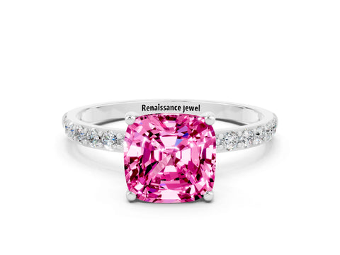 White gold Cushion Cut Pink Sapphire Solitaire Ring with Pave Band and Four Prong Setting_48