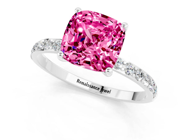 Platinum Cushion Cut Pink Sapphire Solitaire Ring with Round  Pavé Band and Prong Setting