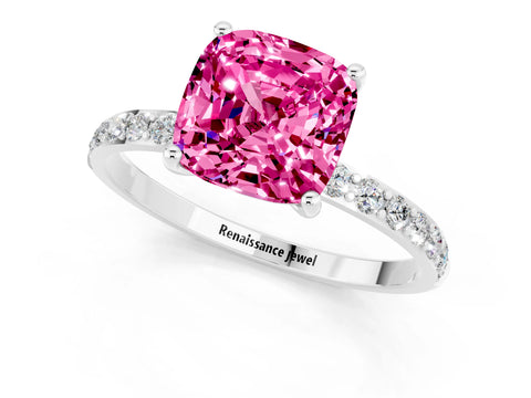 White gold Cushion Cut Pink Sapphire Solitaire Ring with Pave Band and Four Prong Setting_49