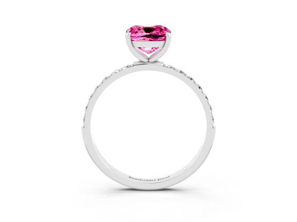 Platinum Cushion Cut Pink Sapphire Solitaire Ring with Round  Pavé Band and Prong Setting