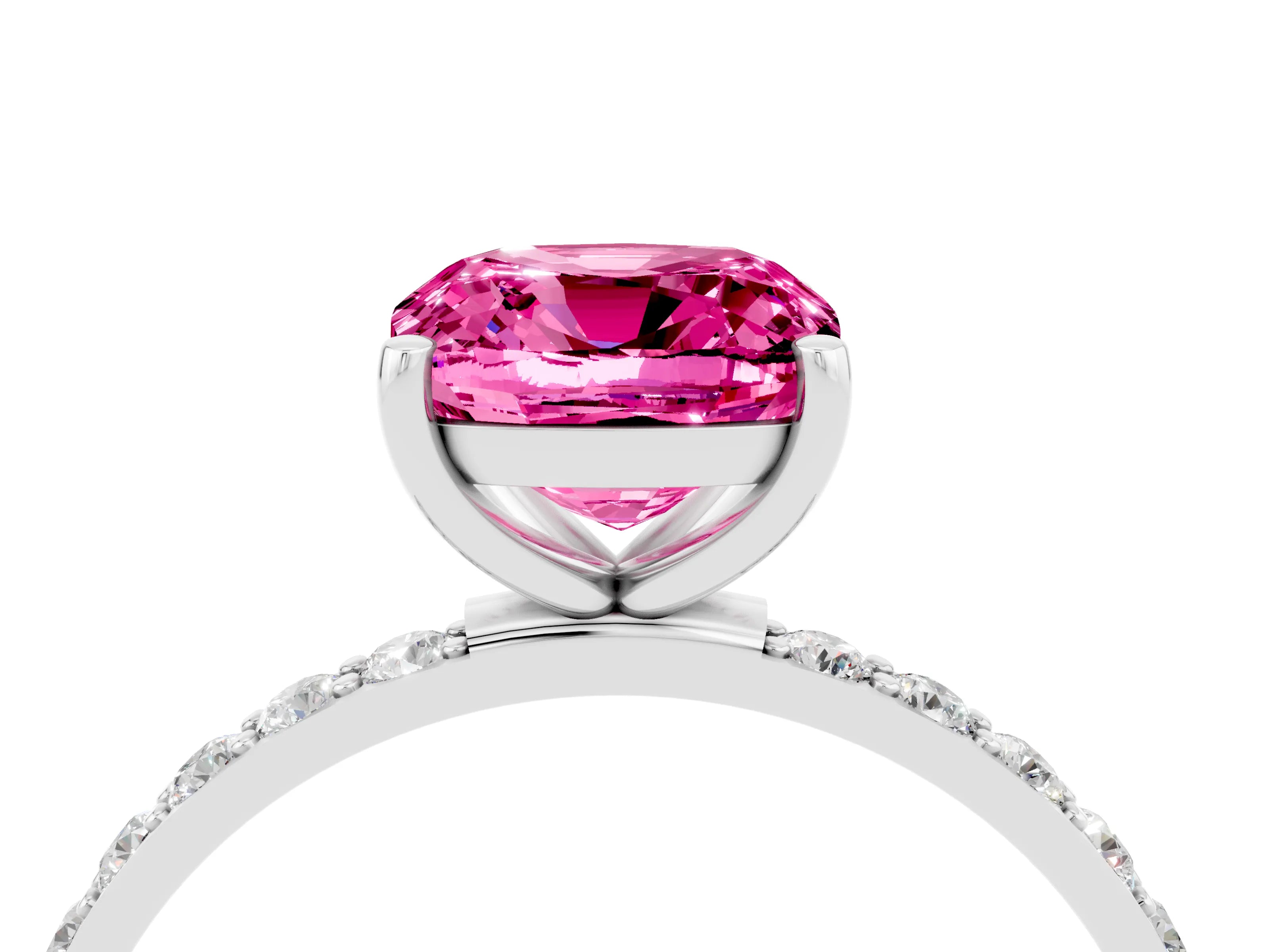 White gold Cushion Cut Pink Sapphire Solitaire Ring with Pave Band and Four Prong Setting_52