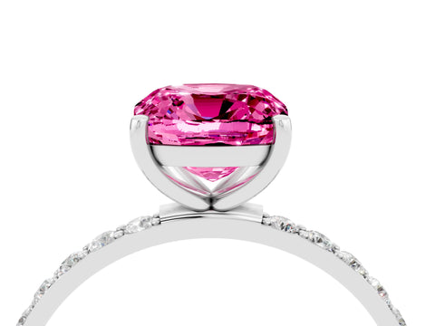 White gold Cushion Cut Pink Sapphire Solitaire Ring with Pave Band and Four Prong Setting_52