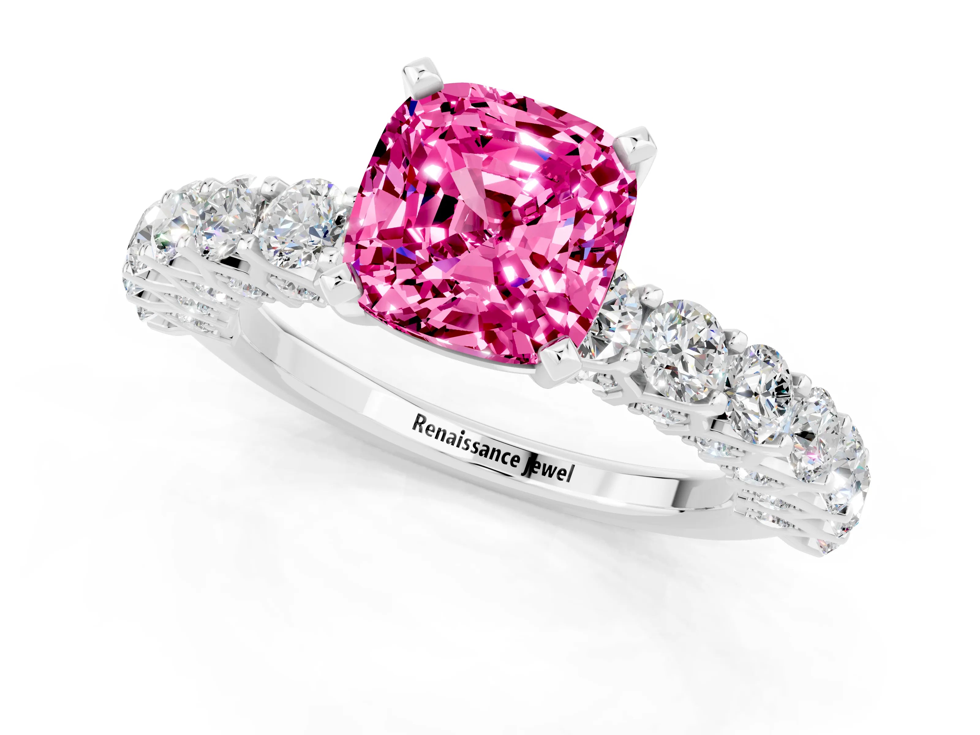White gold Cushion Cut Pink Sapphire Solitaire Ring with Shared Prong Pavé Band and Four-Prong Setting_1