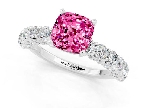 White gold Cushion Cut Pink Sapphire Solitaire Ring with Shared Prong Pavé Band and Four-Prong Setting_1