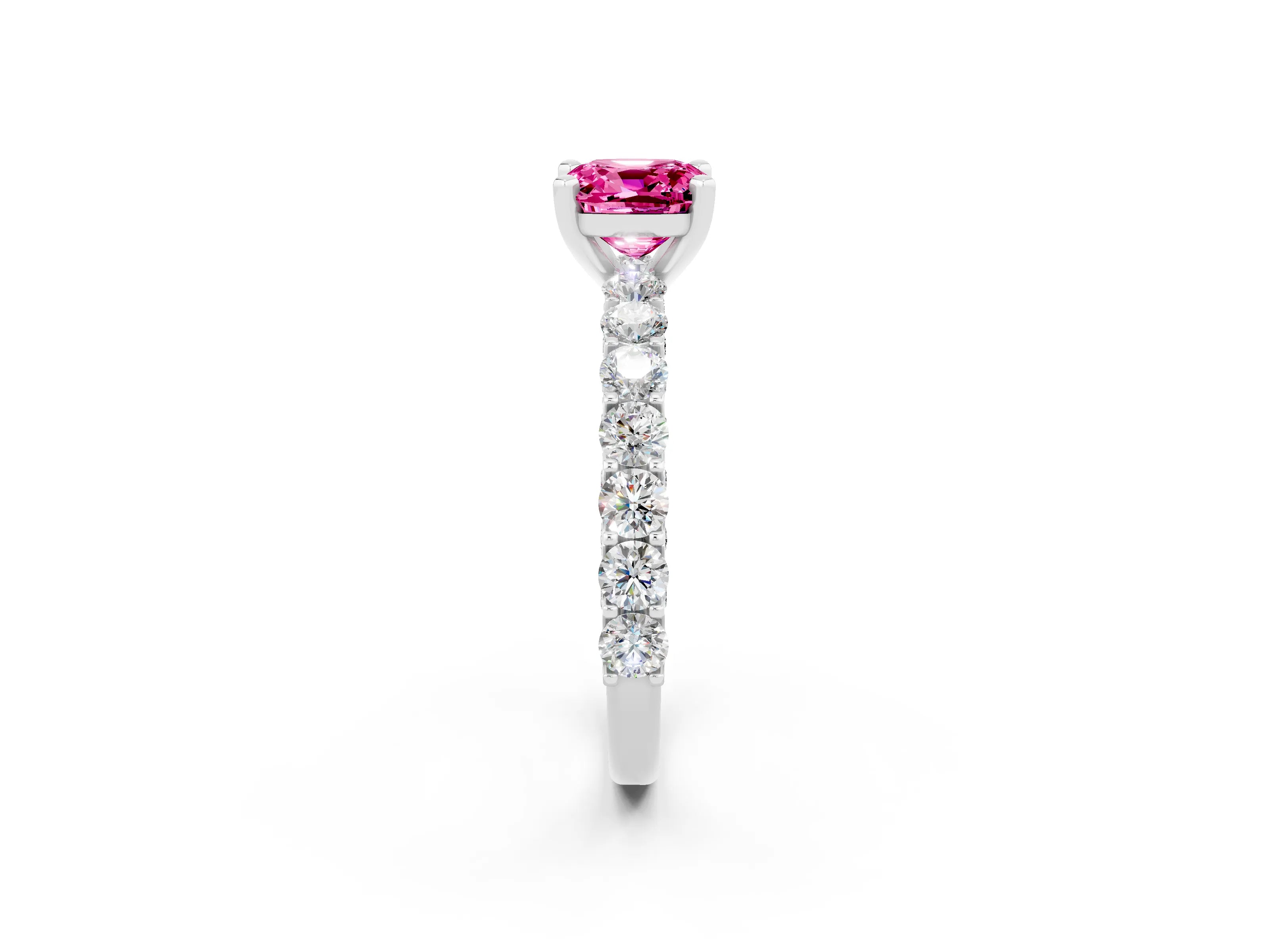 White gold Cushion Cut Pink Sapphire Solitaire Ring with Shared Prong Pavé Band and Four-Prong Setting_2
