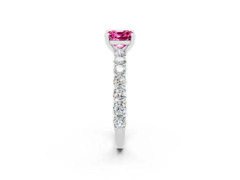White gold Cushion Cut Pink Sapphire Solitaire Ring with Shared Prong Pavé Band and Four-Prong Setting_2