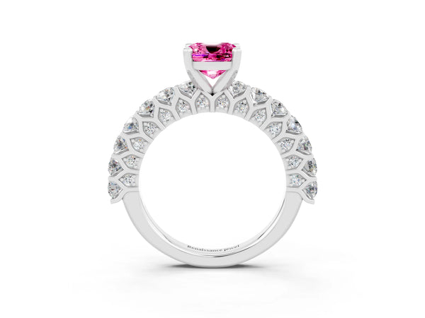Platinum Cushion Cut Pink Sapphire Solitaire Ring with Shared Prong Pavé Band and Four-Prong Setting