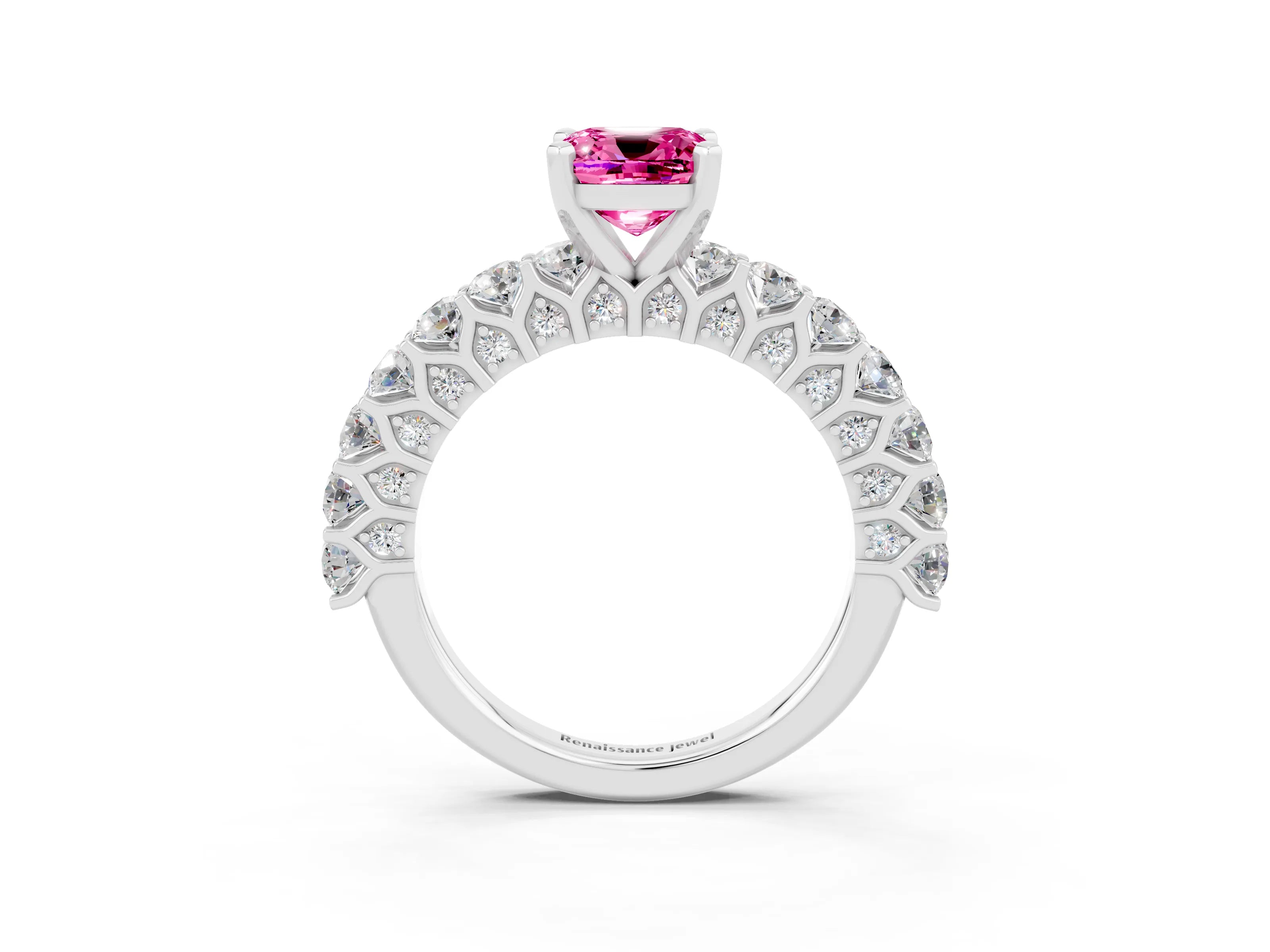 White gold Cushion Cut Pink Sapphire Solitaire Ring with Shared Prong Pavé Band and Four-Prong Setting_3
