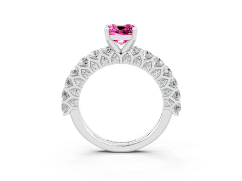 White gold Cushion Cut Pink Sapphire Solitaire Ring with Shared Prong Pavé Band and Four-Prong Setting_3