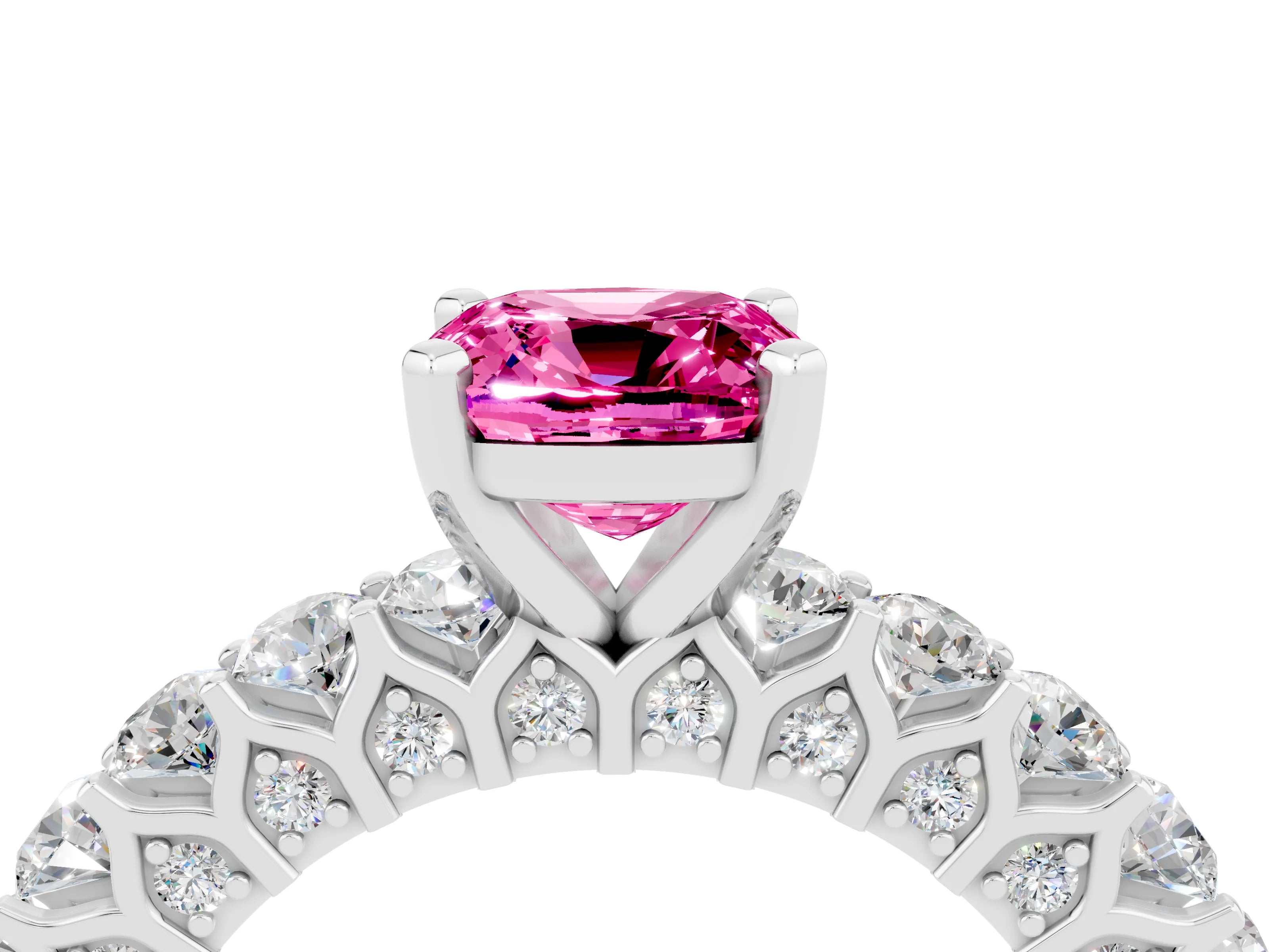 White gold Cushion Cut Pink Sapphire Solitaire Ring with Shared Prong Pavé Band and Four-Prong Setting_4