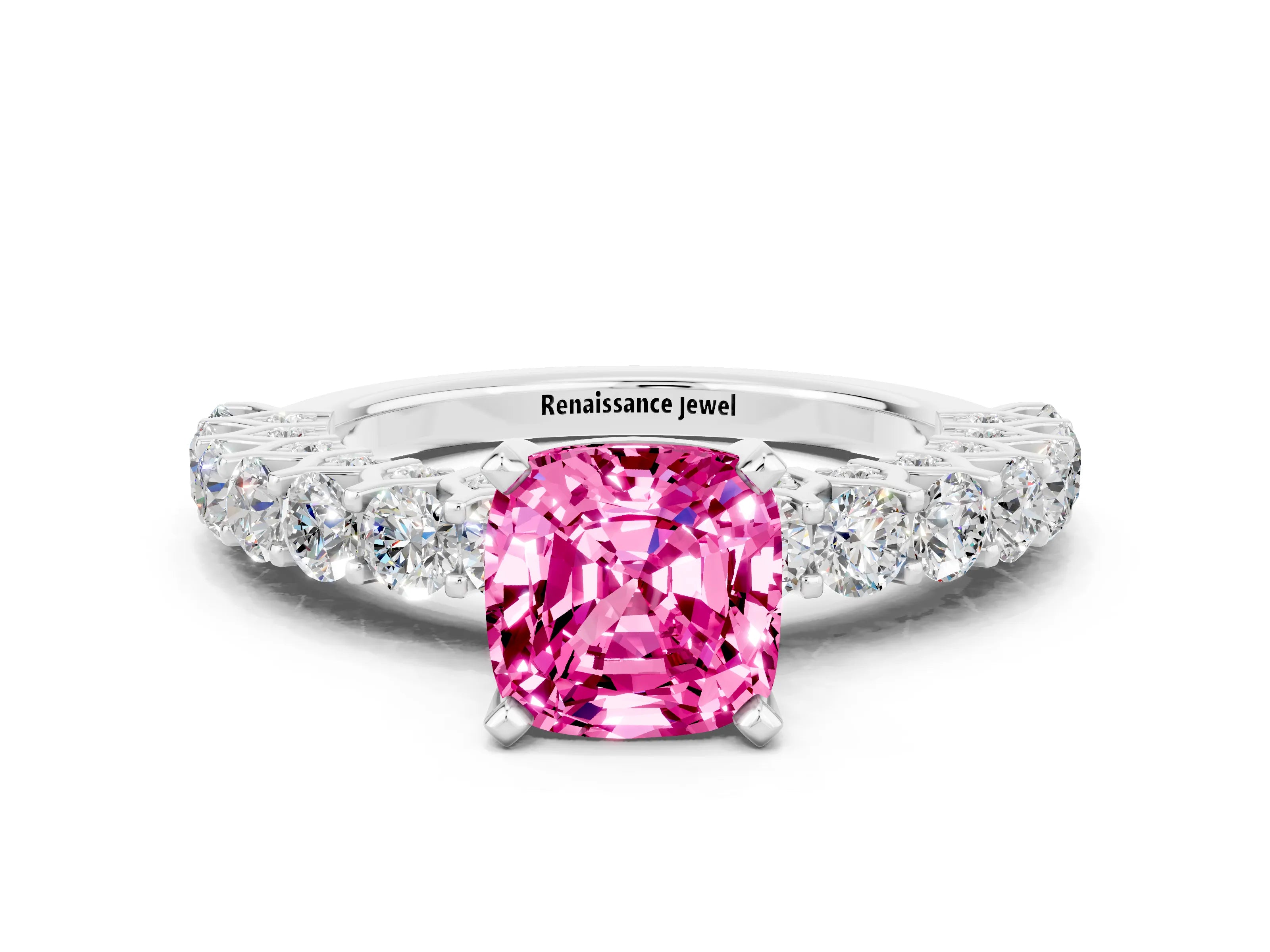 White gold Cushion Cut Pink Sapphire Solitaire Ring with Shared Prong Pavé Band and Four-Prong Setting