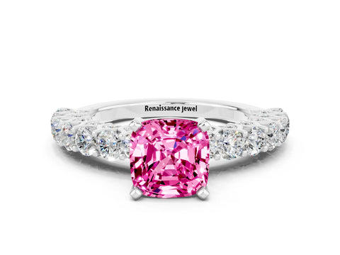 White gold Cushion Cut Pink Sapphire Solitaire Ring with Shared Prong Pavé Band and Four-Prong Setting