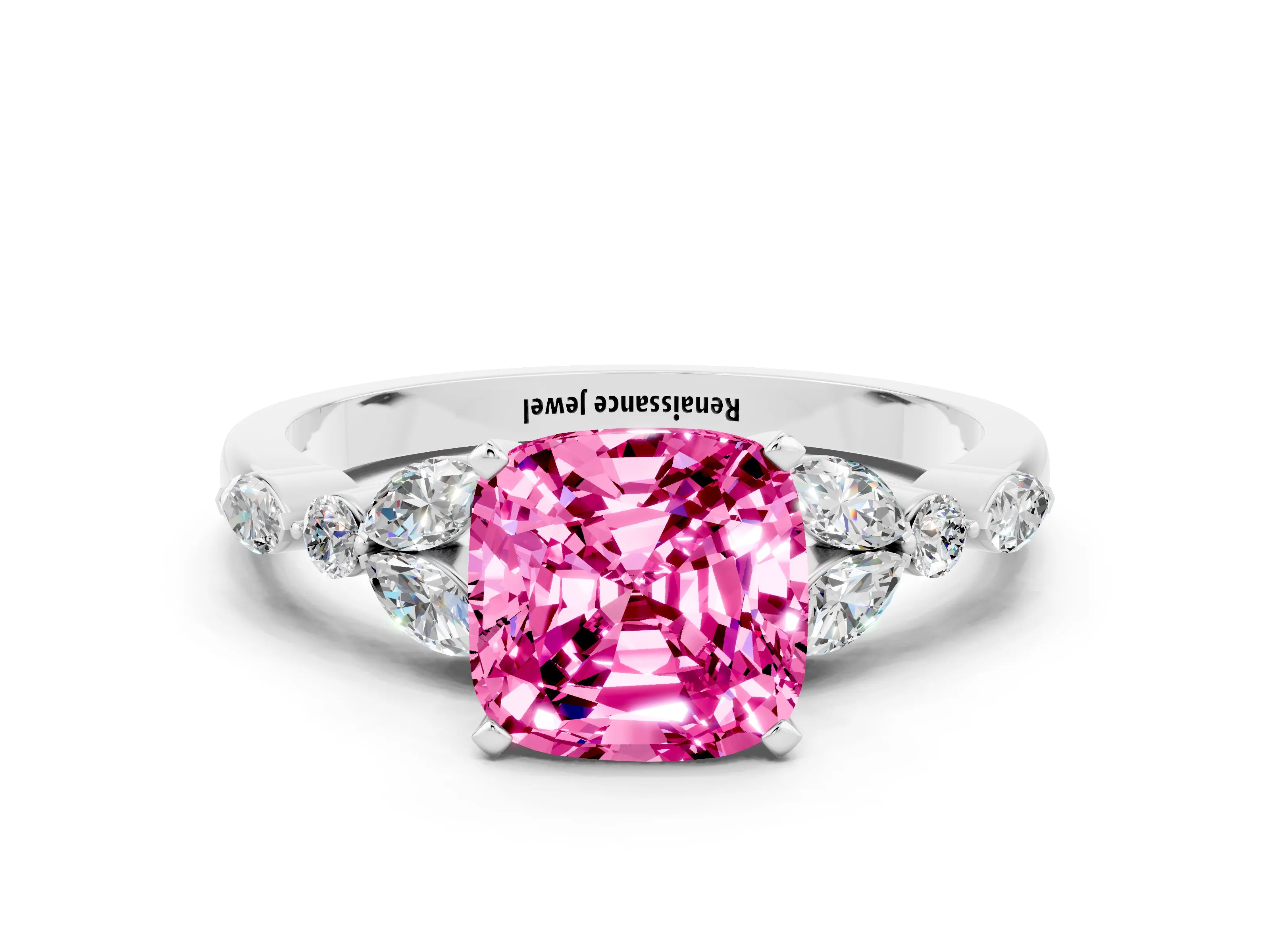 White gold Cushion Cut Pink Sapphire Solitaire Ring with Side Stones and Four-Prong Setting_12