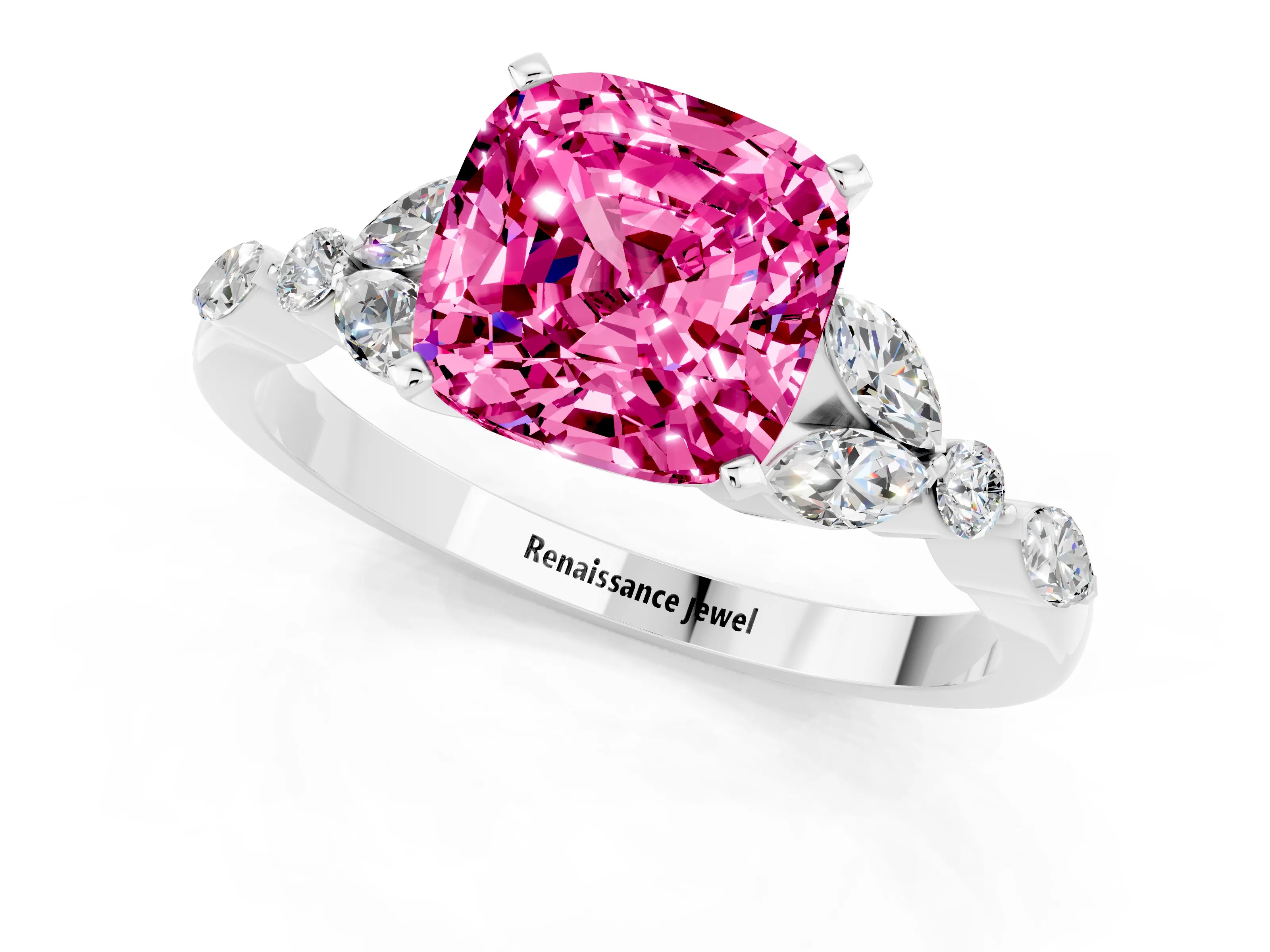 White gold Cushion Cut Pink Sapphire Solitaire Ring with Side Stones and Four-Prong Setting_13
