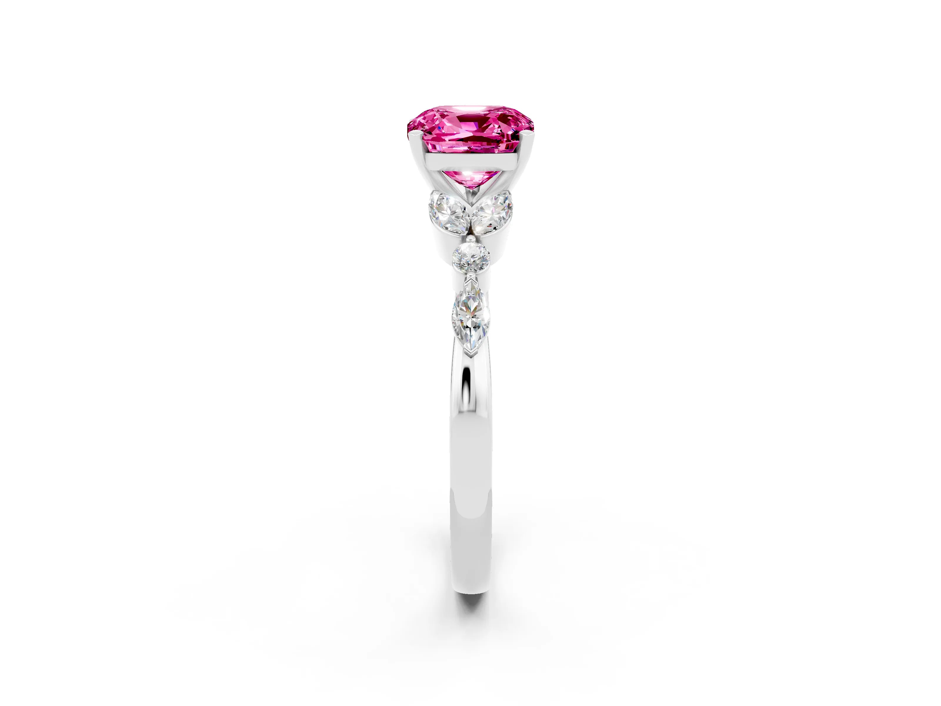 White gold Cushion Cut Pink Sapphire Solitaire Ring with Side Stones and Four-Prong Setting_14